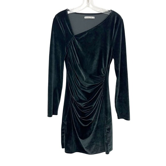 Abercrombie & Fitch Black Velvet Ruched Long Sleeve Dress - Size Large Petite - Picture 1 of 5